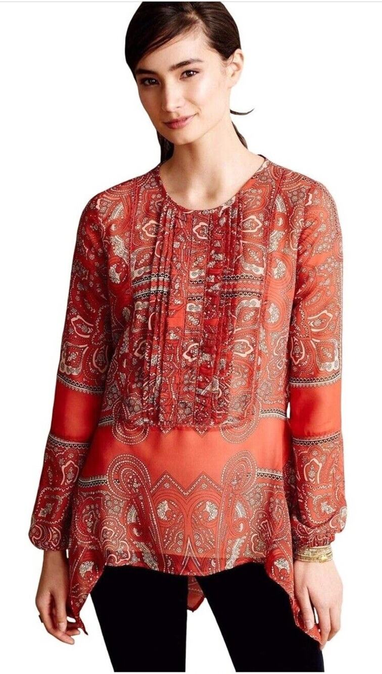 Anthropologie Love Sam Blouse Top Red Orange Black Small Sheer Boho Asymmetric